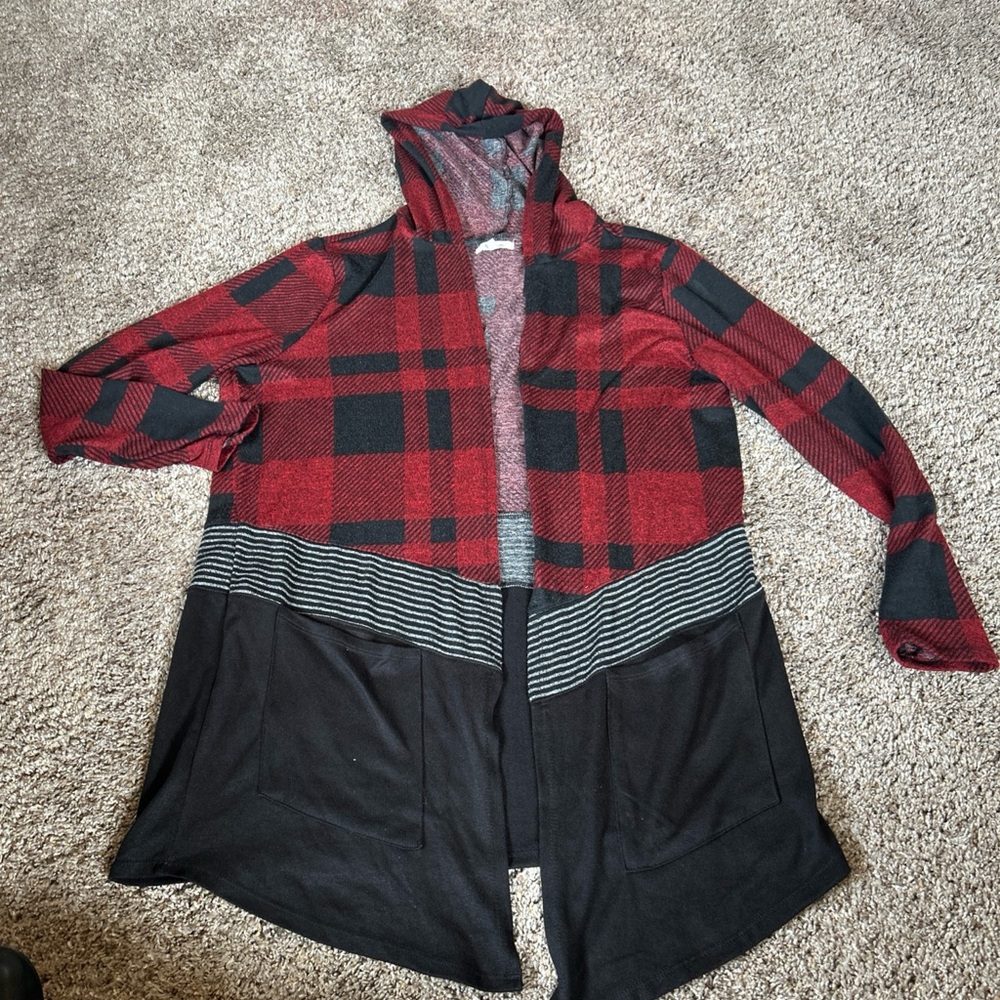 Maurices Red and Black Plaid Cardigan